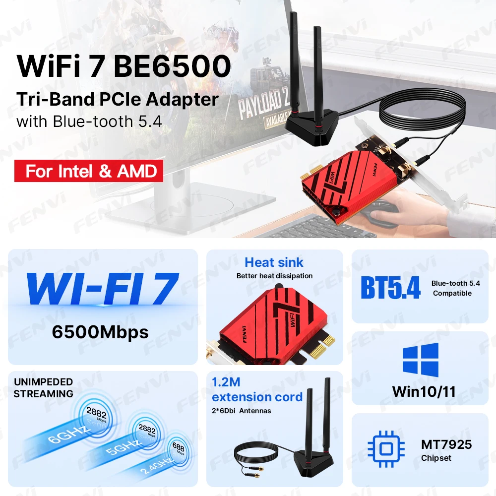 Fenvi BE6500 WIFI 7 PCIE Wireless Network Adapter Bluetooth 5.4 Tri-Band 6G/5G/2.4Ghz WiFi7 MT7925 Network Card for PC Win 10/11