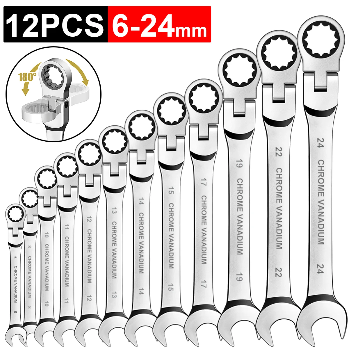 Metric Flex-Head Ratchet Wrench,Box End Head 72-Tooth Ratcheting Combination Wrench Spanner