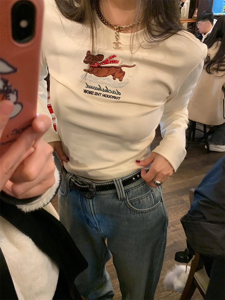 Long Sve Women's Base irt 2024 New Autumn Winter Slim Fit Embroidered Small Size T-irt Inner Wear Commute Sle round ...