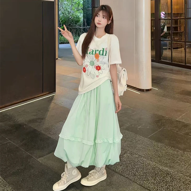 LanCharm المرأة الربيع الشمس حماية كشكش تنورة الصيف مترهل تنورة فضفاضة عالية الخصر البطن التحكم ألف خط ماكسي تنورة