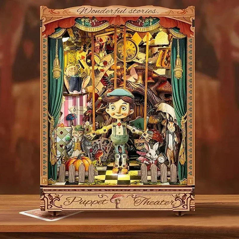Puppet Theater & Key Tracking Bookshelf Home Decoration Retro DIY Wooden Book Nook Shelf Insert Miniature Kits For Handmade Gift