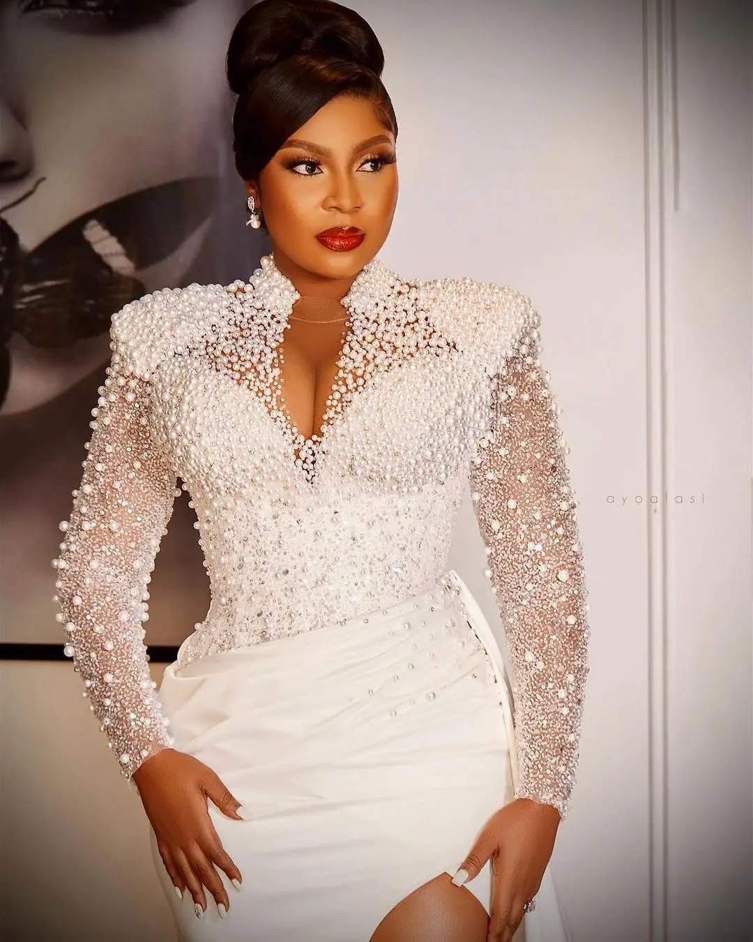 Abiti da sposa a sirena personalizzati Abiti da sposa con spacco laterale in pizzo con collo alto e maniche lunghe Robe De Mariée