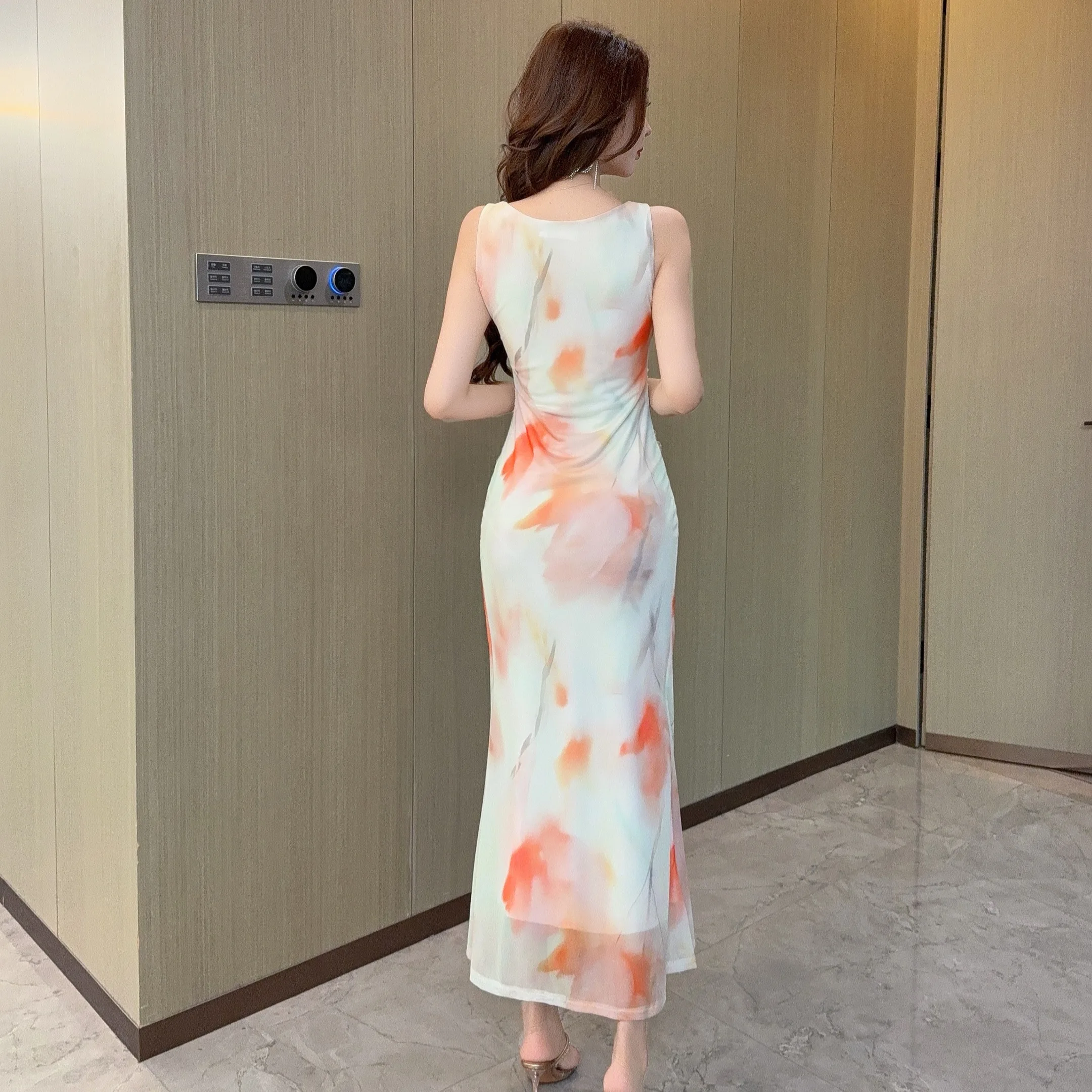 Abito lungo da donna retrò elegante moda senza maniche stampa a rete Slim Party Club Boho Summer 2025