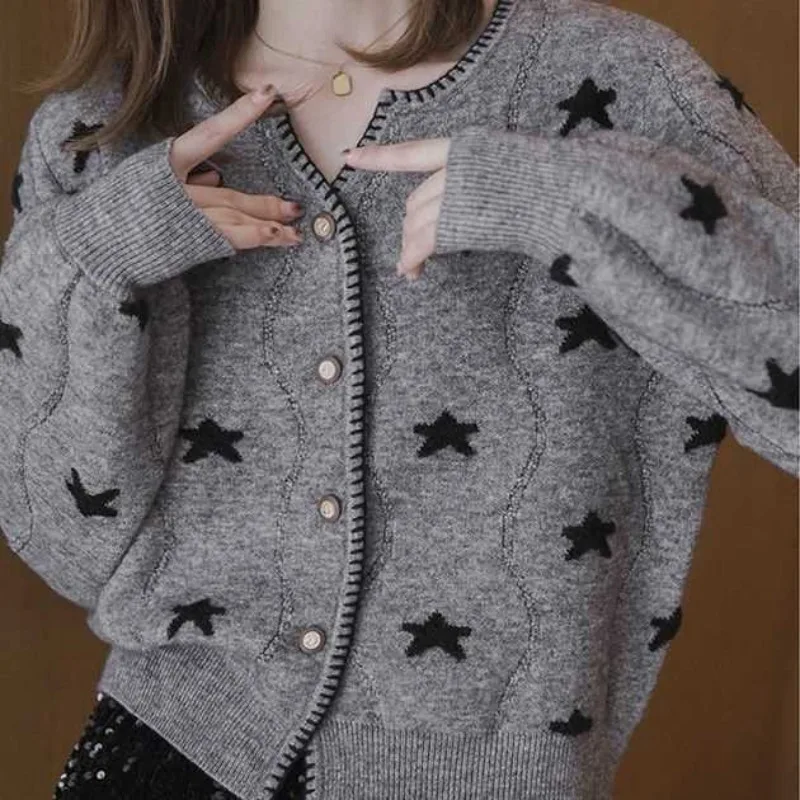 

Jacquard Knitted Cardigan Women In Spring And Autumn Korean Version With Bubble Sleeves Loose Slimming Cardigan Long Sleeved Top