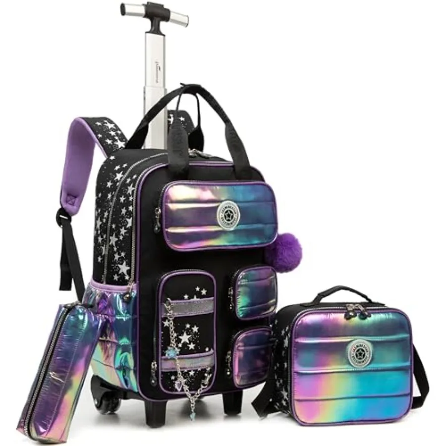 

Rolling Backpack with Wheels for Girls Rolling Backpack with Lunch Bag and Pencil Case Set Travel Luggage for Elementary School