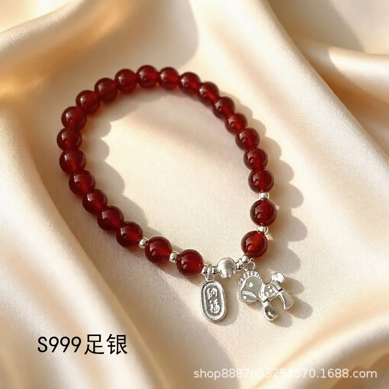 2026 New S999 Sterling Silver Wealth Horse Bracelet Chinese Style Natural Red Agate Lucky Blessing Fashion Jewelry