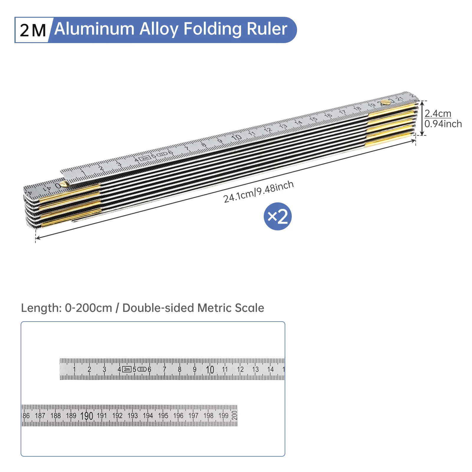 2pcs 2M Dual Metric Scale Aluminum Folding Ruler Set for Metalworking Industrial Drawing Carpenter Ruler Measuring Tool