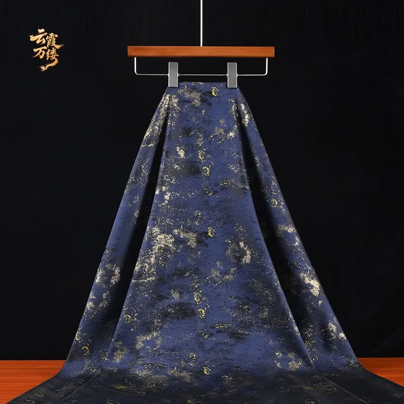 Blue irregular glittering gold thread embossed double-sided jacquard fabric for cheongsam and Hanfu clothing