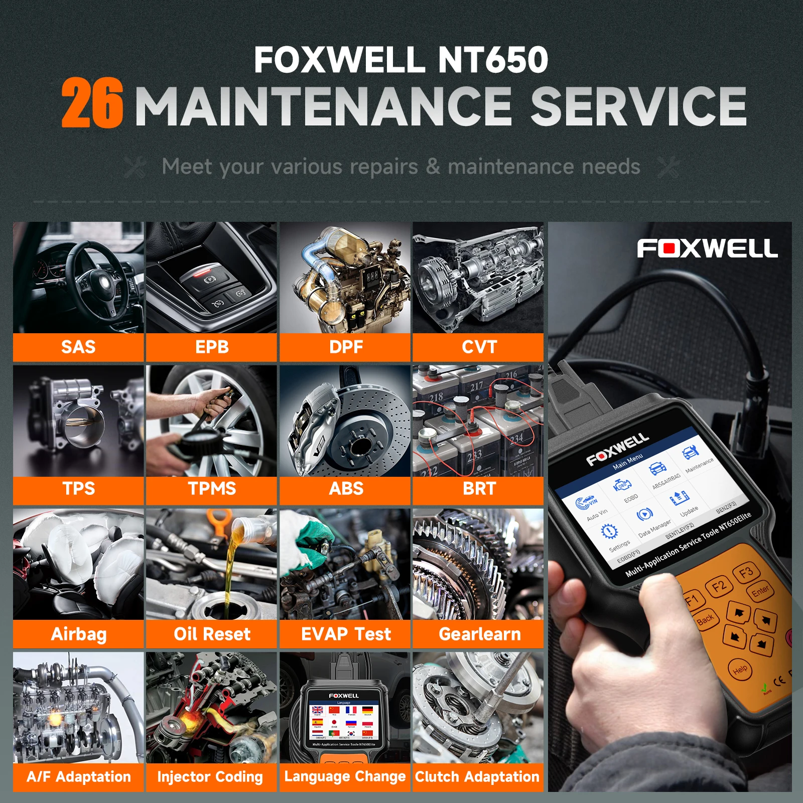 FOXWELL NT650 Elite Skaner samochodowy OBD2 SAS A/F OIL EPB BRT TPS 26+ Reset Profesjonalne narzędzie diagnostyczne samochodów Skaner OBD2