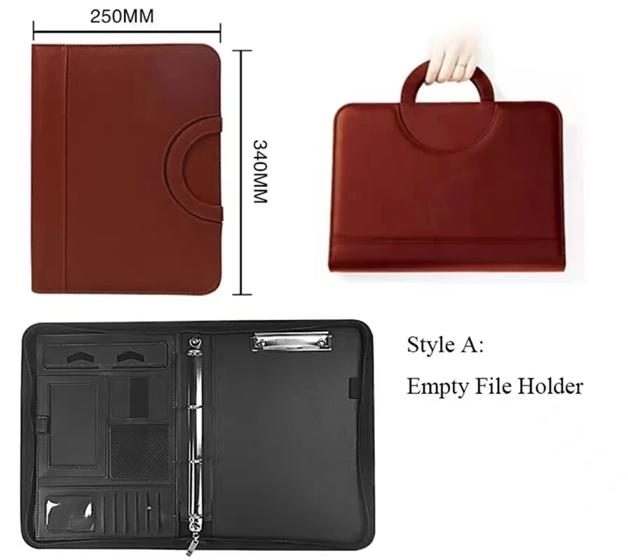 PU leather A4 zipper calculator binder conference file pad folder briefcase tablet portable circular handle file bag