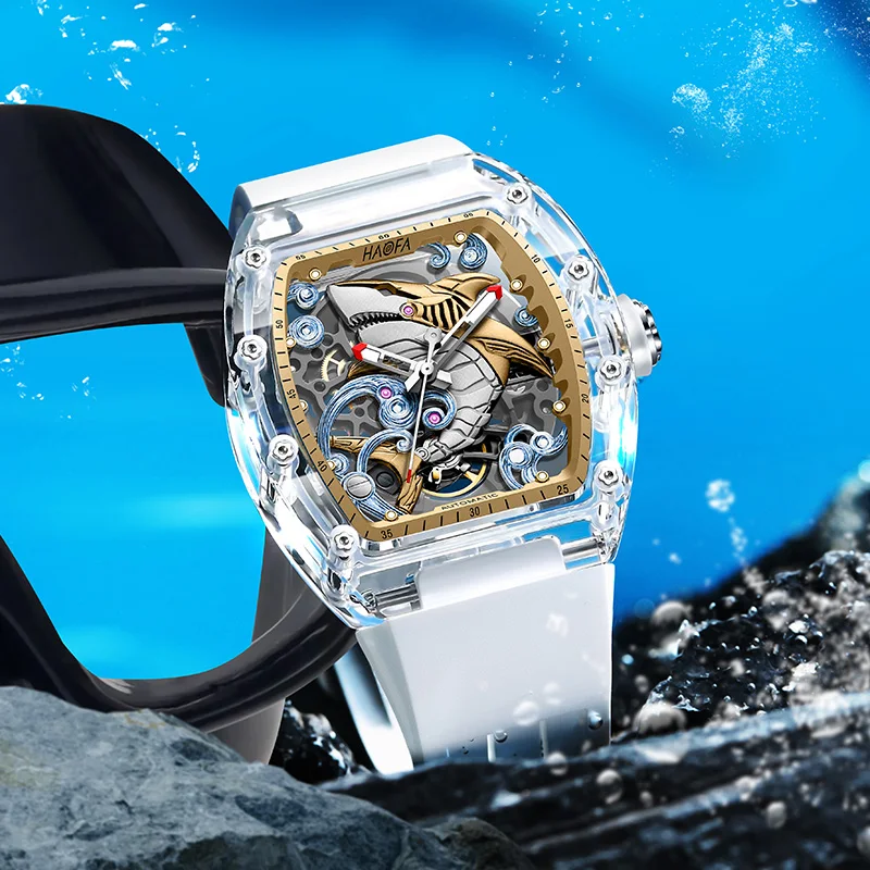 Haofa Mechanical Watch Men Automatic Shark Creative Ocean Hollow Luminous 3D Transparent Fashion Skeleton Wristwatch Casual 2322