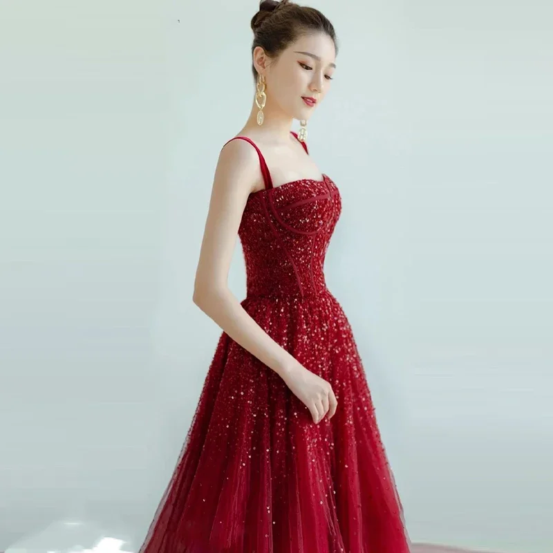 Evening Dress Burgundy Tulle Beading Spaghetti Strap Lace up A-line Floor Length Plus size Women Party Formal Gown Customization