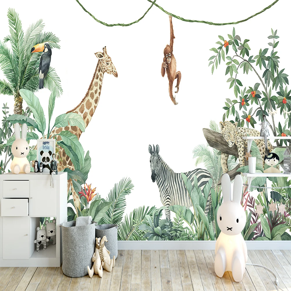 Custom Tropical Jungle Watercolor  3d Wallpaper Mural  For Kids Room Giraffe Animals  Stickers Decor Art