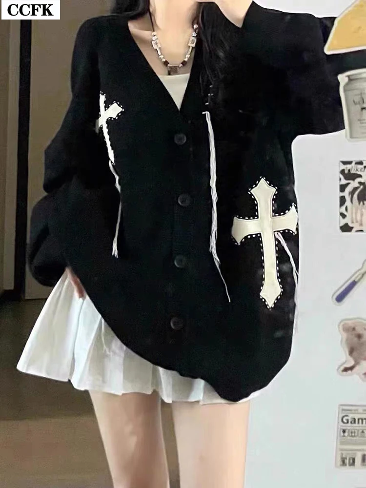 Emo Clothes Harajuku Goth Cross Cardigan Sweater Black Punk Grunge Vintage Jumper Autumn Oversized Fashion Streetwear Y2K Sweet