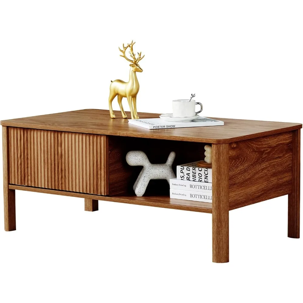 Mid-Century Modern Low Rectangle Coffee Table with Storage, Light Wood Finish, Rustic Fluted Design for Living Room