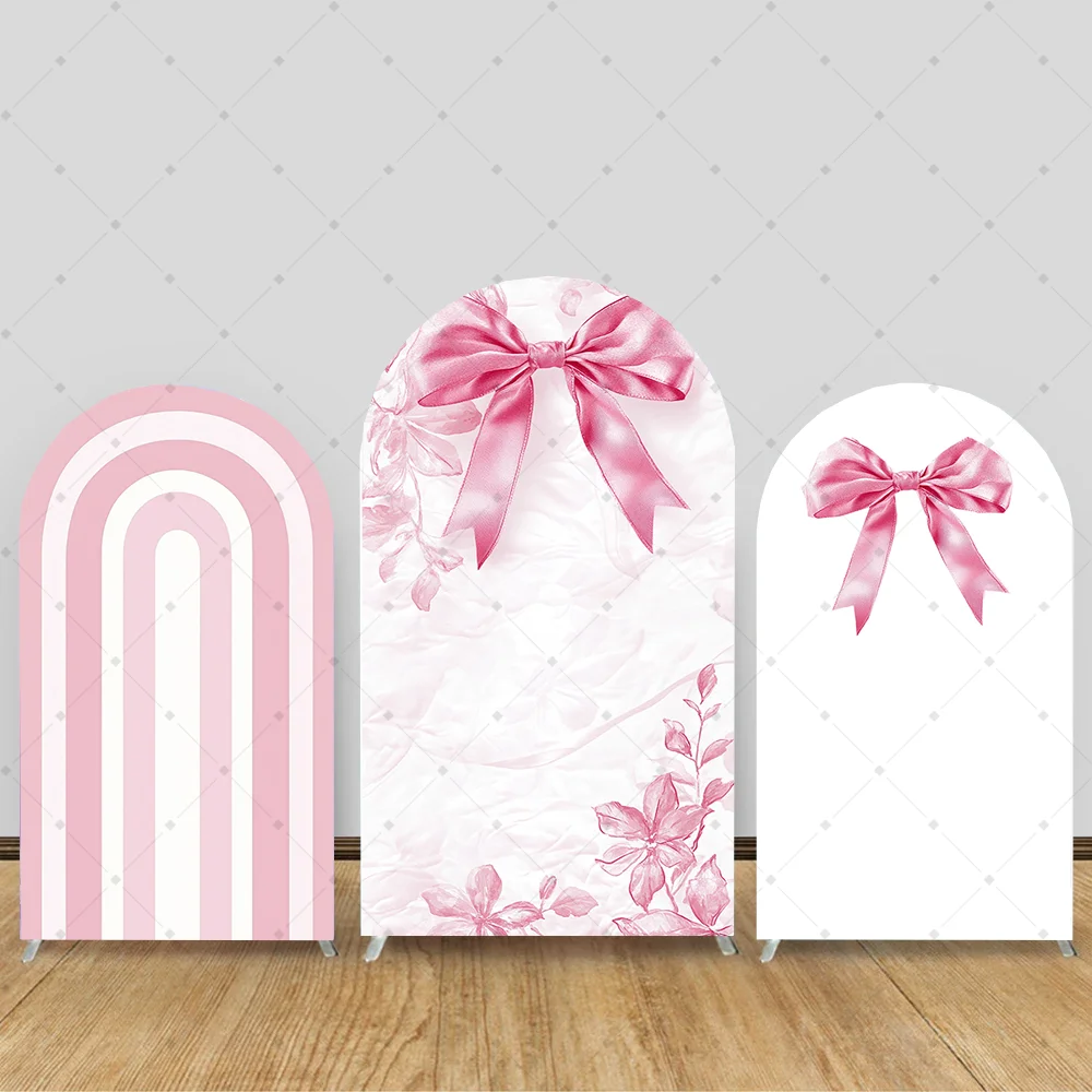

Girl's Birthday Arch-Shaped Background Cover With Pink Bow Tie Theme for Baby Shower Party Decoration Photography Background