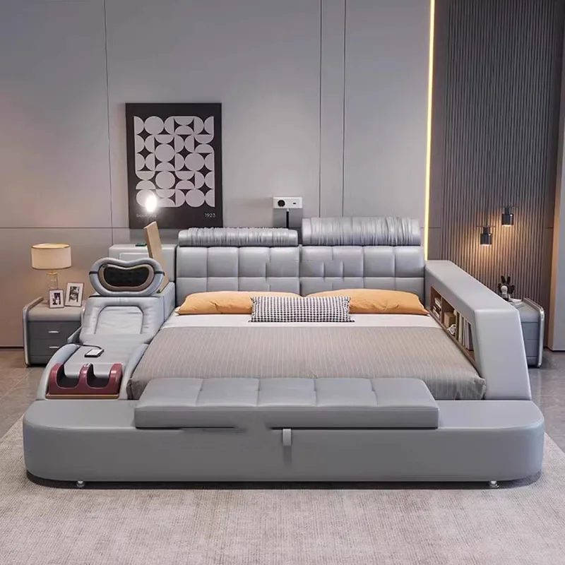 

Massager Leather Bed King Size Nordic Multifunctional Tatami Bed Nightstands Lounge Somieres Y Marcos De Cama Bedroom Furniture