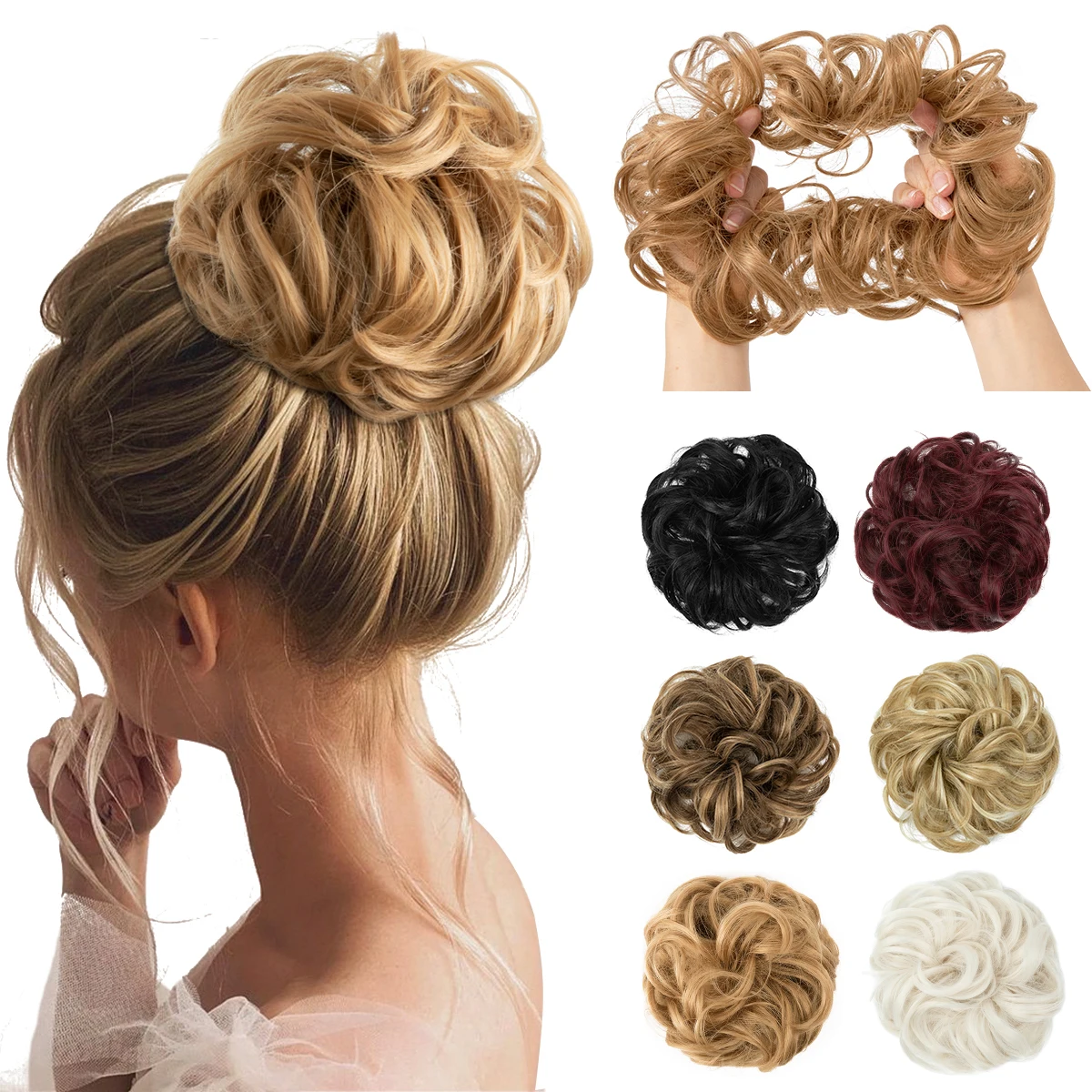 Synthetic Messy Updo Chignon Premium Big Curly Elastic Hair Scrunchies Hairpieces Donut Updo Blonde Brown Hair Pieces For Women