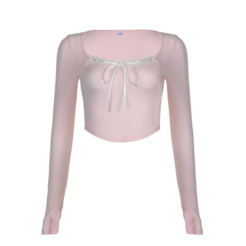 CIBBAR Cute Bandage Bow Cropped Top Pink Sweet Coquette Sweet T Shirts Fall Spring Casual Square Collar Tees Women y2k Aesthetic