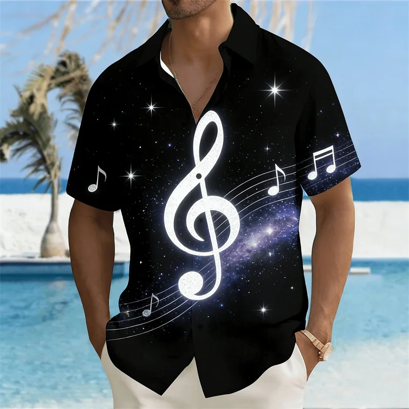 Cool Night Light Neon Music Symbol Print Men's Short Sleeved Shirt Band Performance Versatile Vacation Shirt