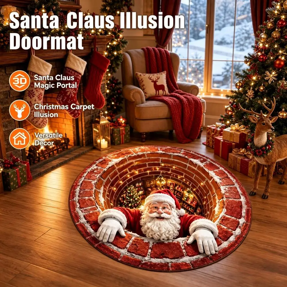 Santa Claus Illusion Doormat 3D Christmas Round Rug Chimney Hole Non Slip Magic Portal Carpet Living Room Floor Xmas Decor