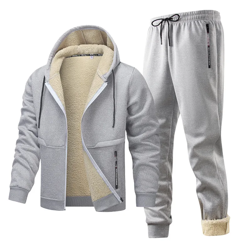 

Mens Lambsheep Fleece Tracksuit Hooded Jacket Pants Set European Size Winter Thick Warm Sports Outfit Cardigan
