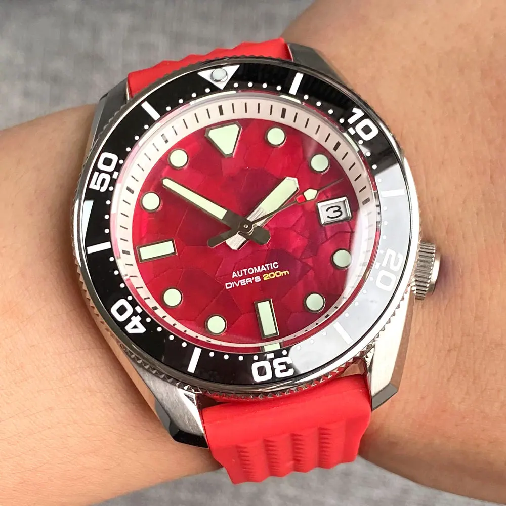 Tandorio SBDX001 Diver Steel Automatic Watch Men White Chapter Ring MOP Red Dial Sapphire Glass Waterproof Wristwatch Green Lume