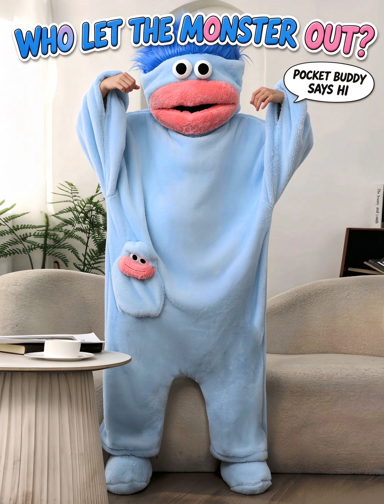 Funny big mouthed monster jumpsuit, coral fleece hooded full body jumpsuit, plus size plush home suit, role-playing party coupl