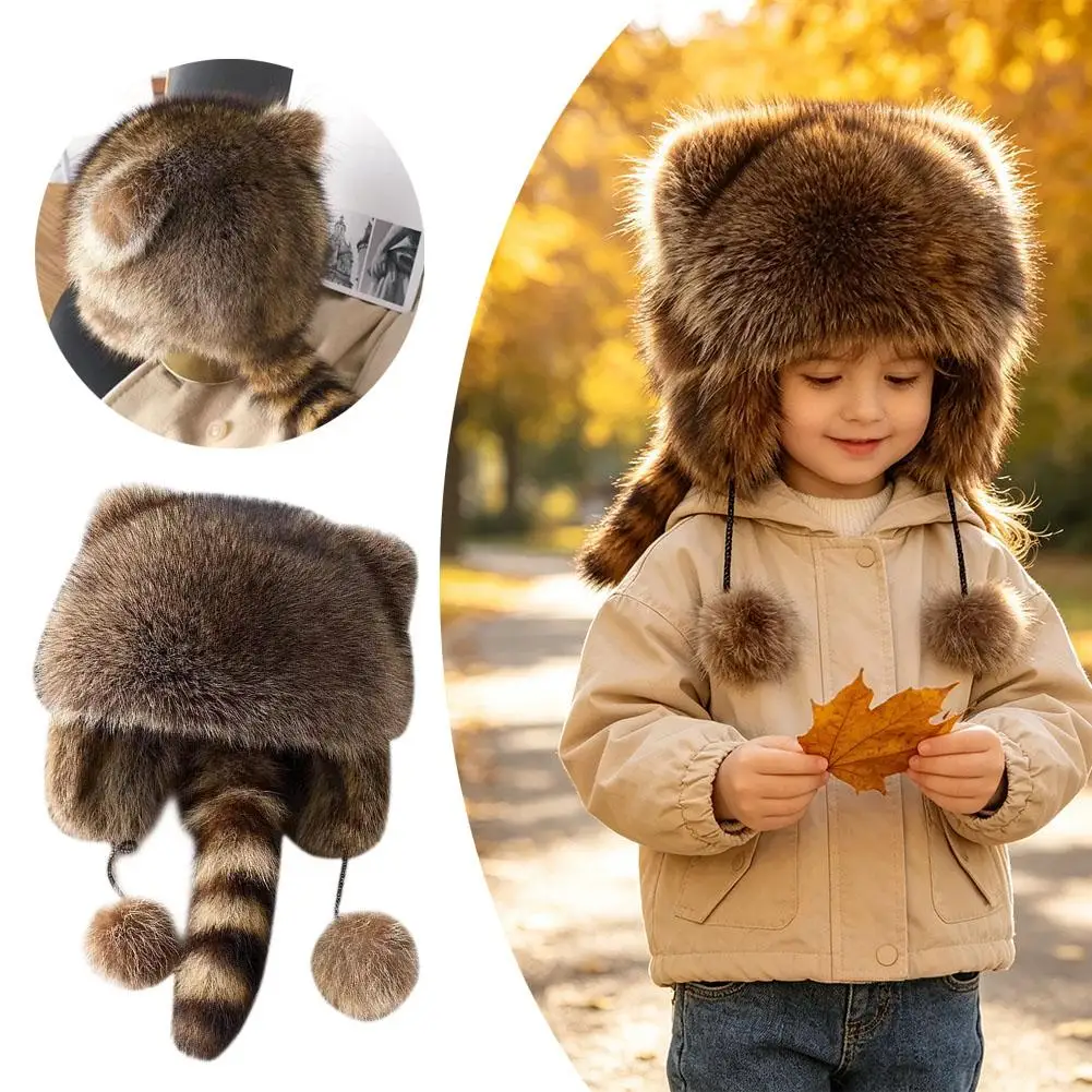 Plush Raccoon Fur Cap with Tail Winter Thick Warm Ear Protection Hat for Women Adult Child Cycling Outdoor Fashion