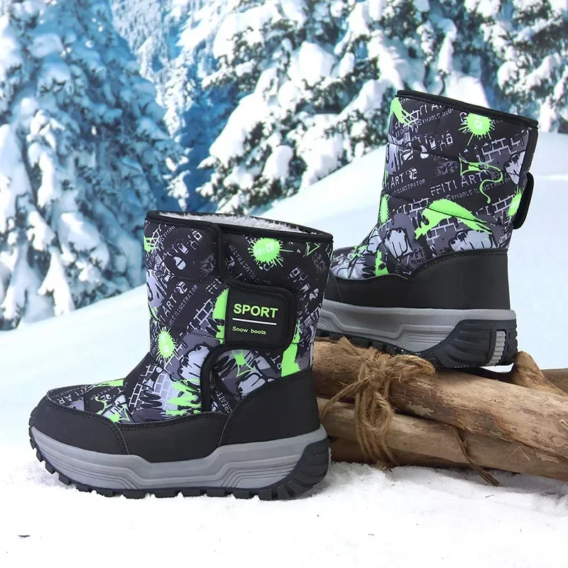 Botas de nieve para niños grandes, zapatos de piel cálidos de invierno, talla 31-39 #   Zapato de felpa para niños Calzado Camuflaje antideslizante Impermeable 222