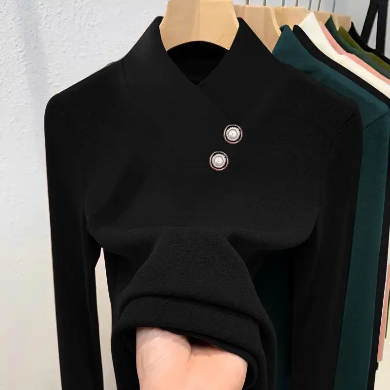 Thick Warm V-neck Bottoming Shirt Female Autumn Winter New Interior Lapping Oversized Long Sleeve T-Shirts Solid Color Top Tee