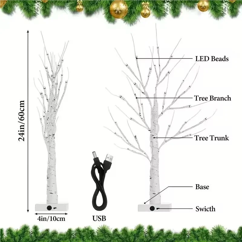 24LED Birch Tree Adjustable Branches Light,3AA And USB Powered Supply Night Light,Bedroom Decorative Tree Light(Without Battery)