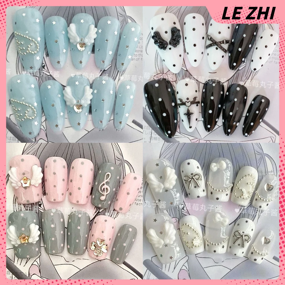 

Kawaii Hello Kitty Rilakkuma Handmade Press On Nails Polka Point Wings Shining Stars Musical Notes Diamond Reusable False Nails