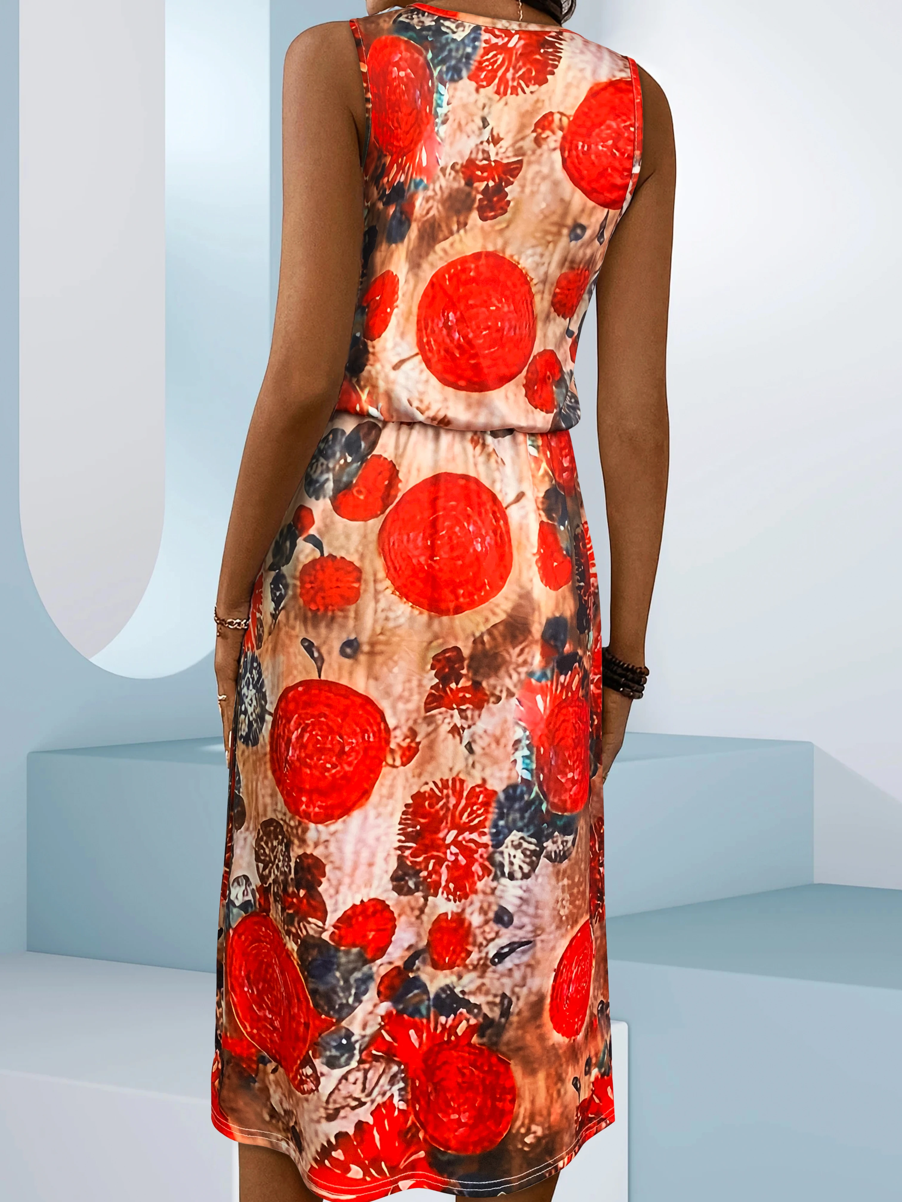 Vestido midi sin mangas con estampado floral para mujer, estampado de flores rojas atrevidas, traje informal de verano y fiesta