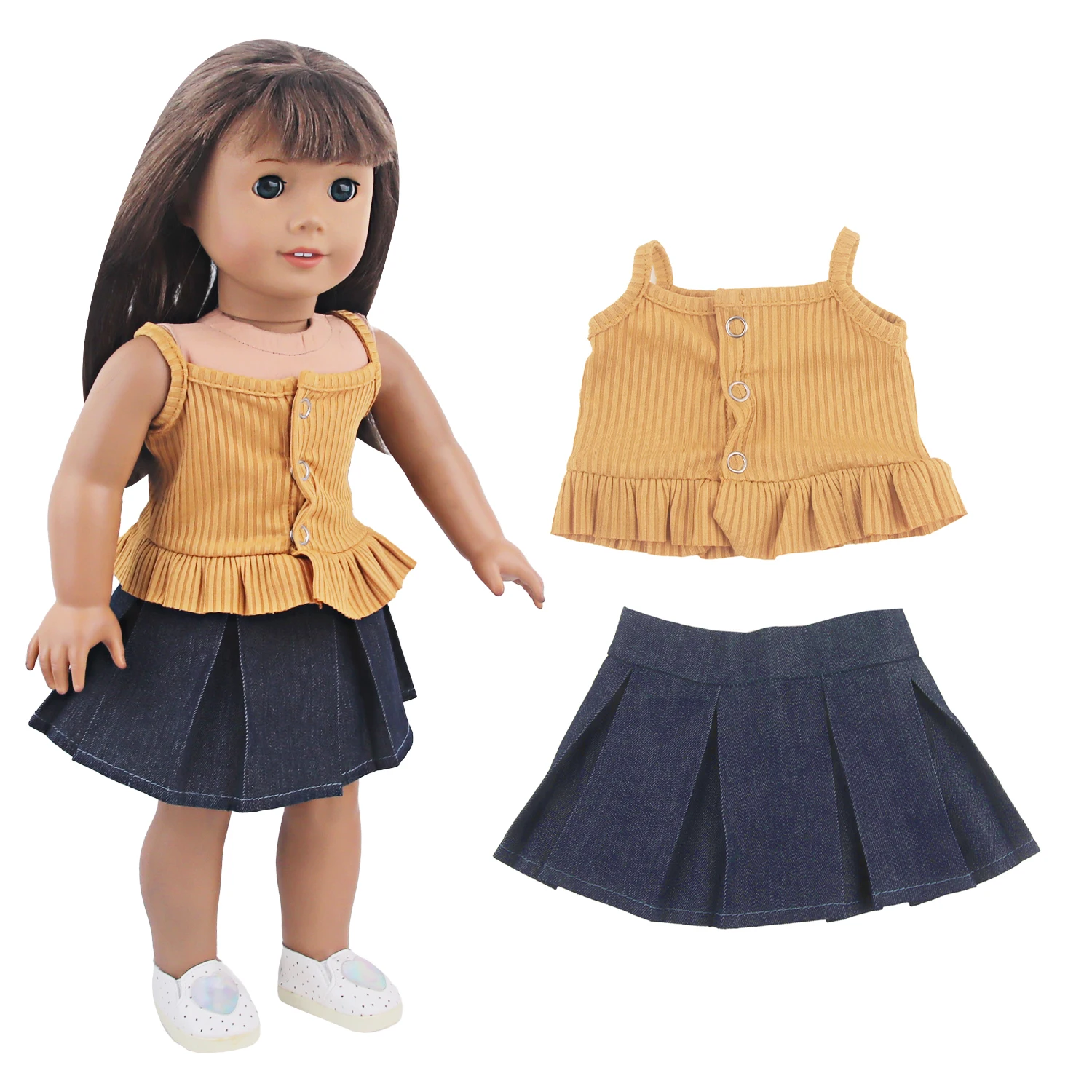 Doll Clothes Set Ribbed Cami Top Denim Pleated Skirt + Heart Shoes Outfit Fit 18 Inch American & OG Girl Dolls Toy Accessories