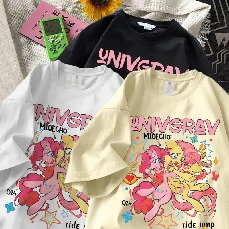 Kawaii Anime Fluttershy My Little Pony Cotton Short-Sleeved T-Shirt Cute Cartoon Pinkie Pie Sweet Loose-Fitting Top Girls