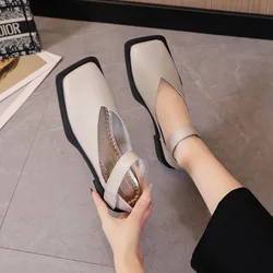 2024 Flat Shoes Women Square Toe Single Shoes Simple Temperament Leather Shoes Spring Autumn 4 Colors