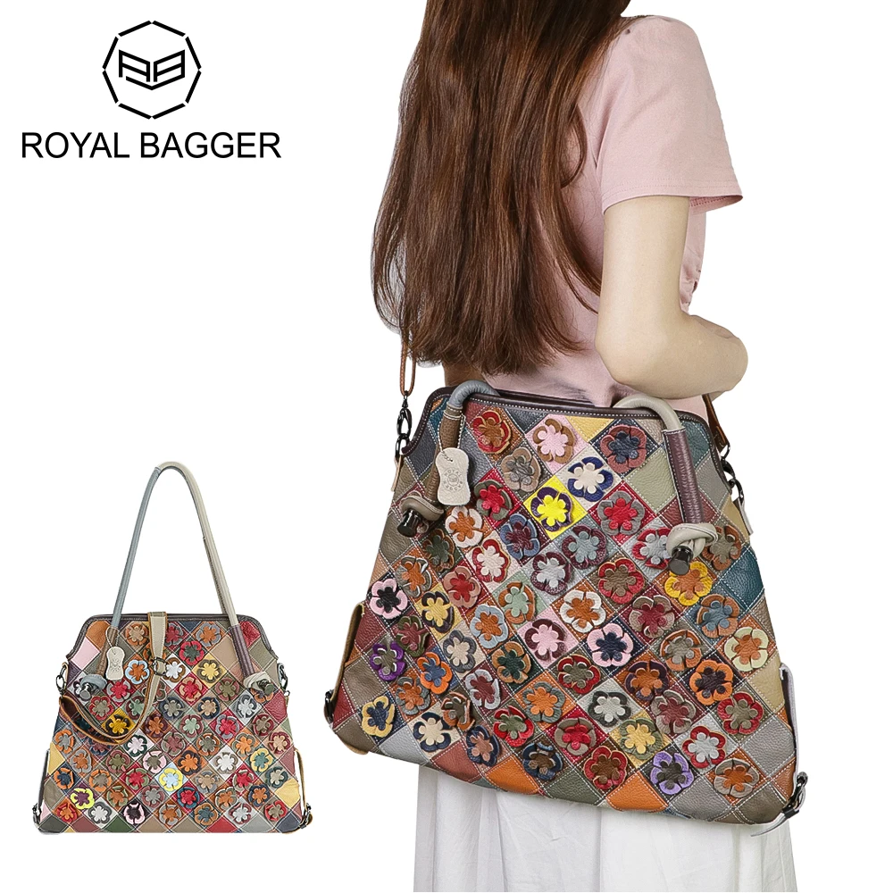 

Royal Bagger Floral Genuine Leather Tote Bag, Large Capacity Color Stitching Plaid Crossbody Bags, Satchel Purse for Women 1890