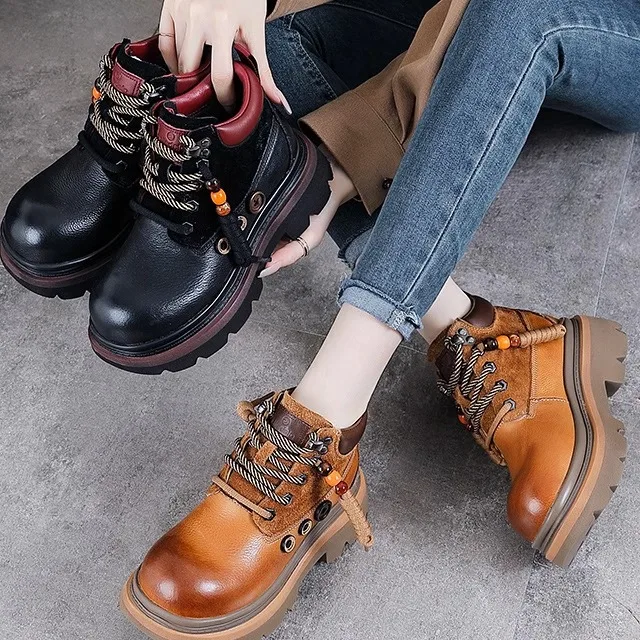 

Retro Boots Women's Ankle High Thickened Leather Work Boots round Toe High Heel Composite Bottom All Season Boots