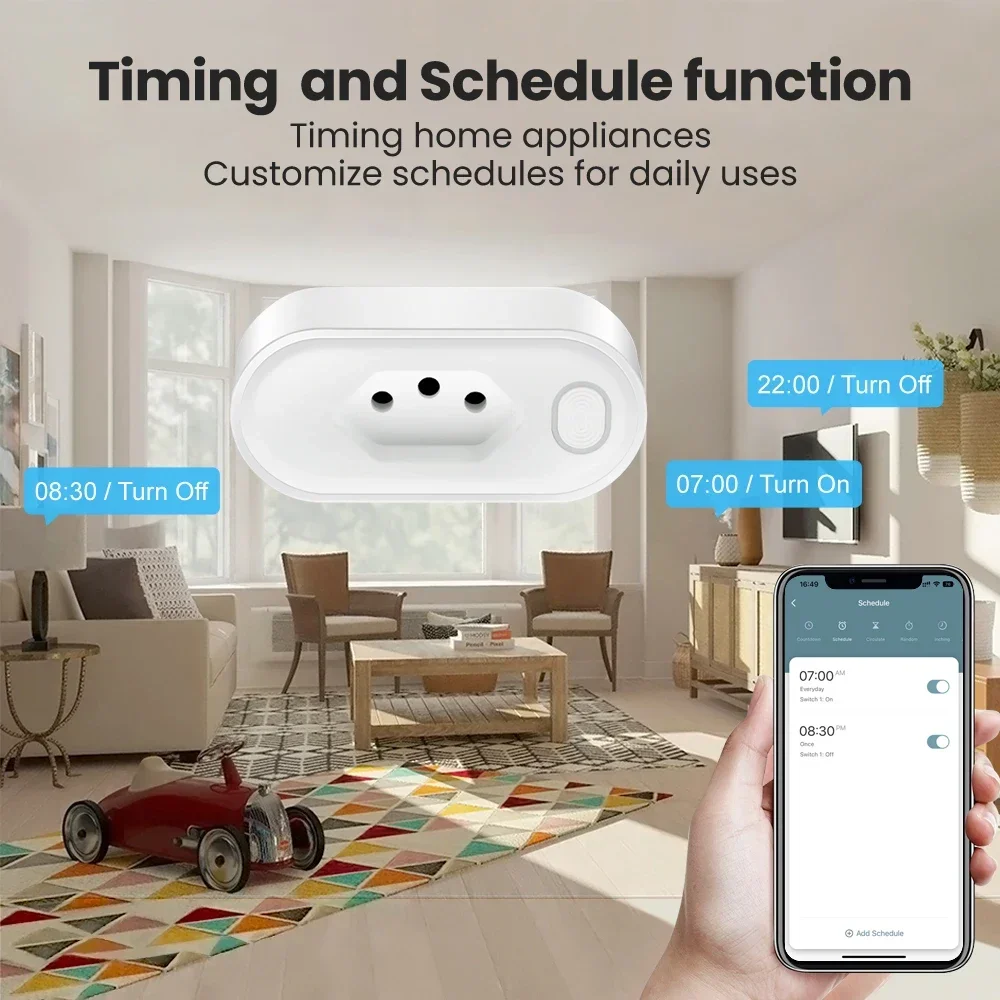 Tuya Smart WiFi Plug 16A مقبس برازيلي مع شاشة طاقة، مع منفذ تحكم ذكي بصوت التوقيت، يعمل مع Google home alexa