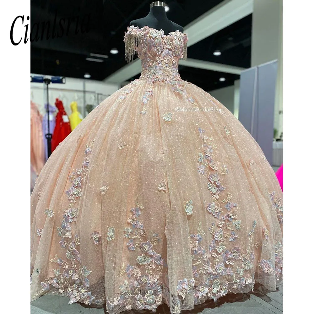 

Платье Quinceanera цвета шампанского с кисточками и бисером, с открытыми плечами, бальное платье с 3D цветами и аппликациями, кружевной корсет, Vestido De 15 Anos