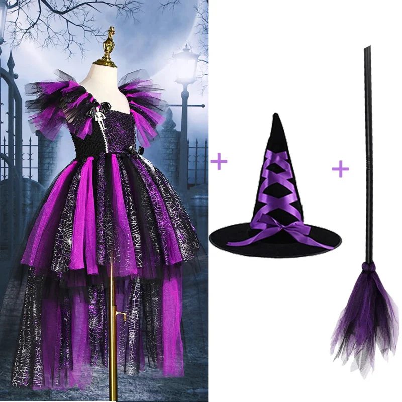 أزياء هالوين أرجوانية للأطفال ، فستان ساحر ، فستان ساحر ، هيكل عظمي ، تنورة طويلة ، ملابس حفلات كرنفال ، قبعات وملابس سباحة