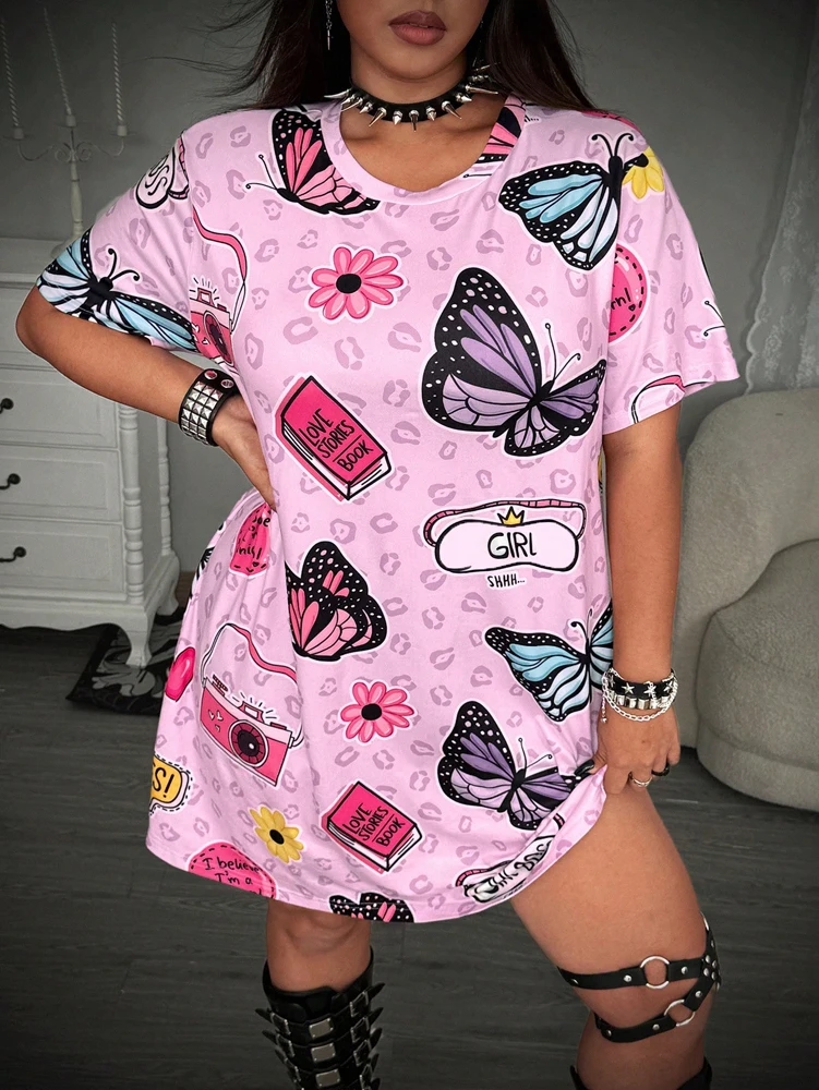 

Plus Size Women's Casual Punk Cute Butterfly Print Loose Short Sleeve Dress Pink Girly Style Cute 2025 New Arrival