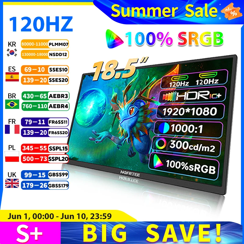 HGFRTEE 18.5inch Portable Monitor ADS-IPS 120Hz RGB100% Extended Display Laptop Second Screen With VESA Hole&Stand