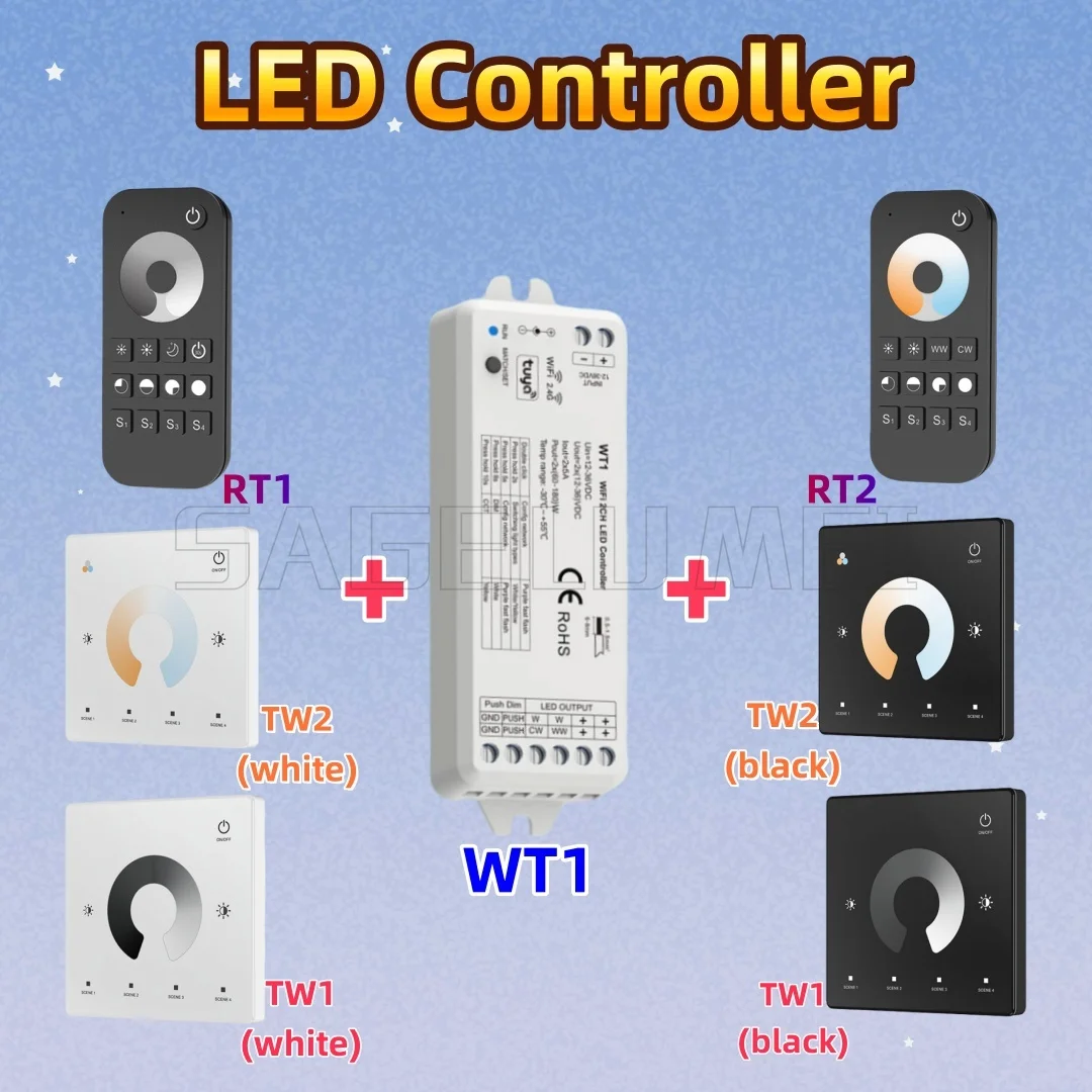 

WT1 RT1/2 TW1/2 Skydance DC12V-36V Контроллер светодиодного диммера 2CH Smart 2.4G RF Беспроводной дистанционный переключатель затемнения WW CW CCT Controller