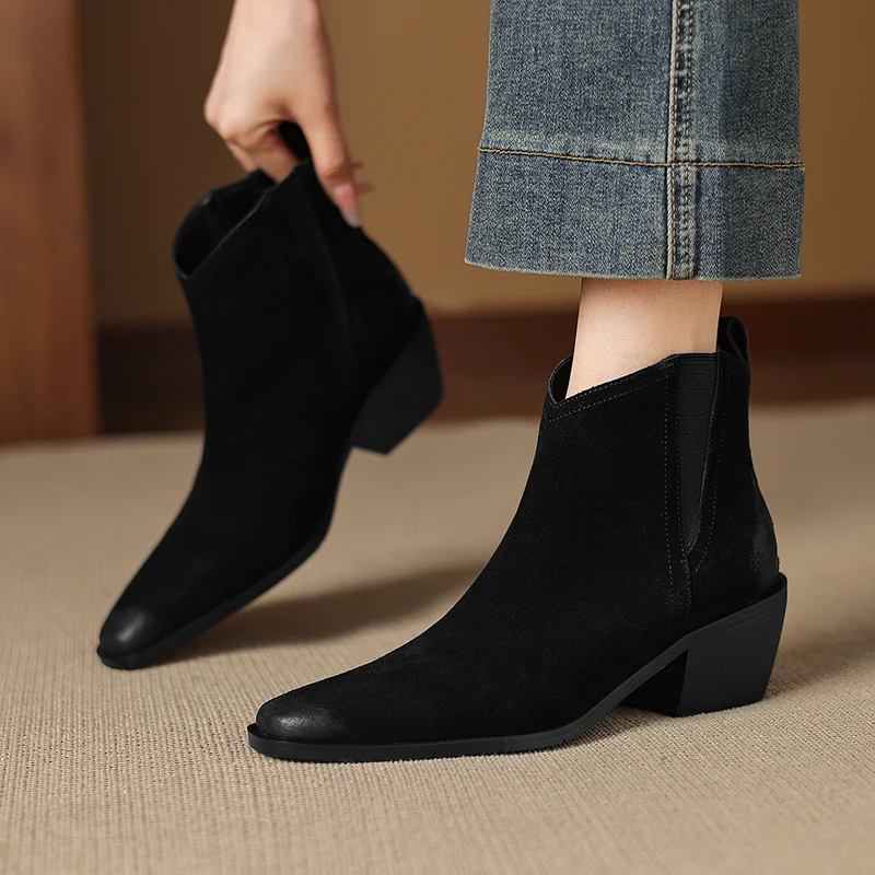 2025 New Hot Sale Real Cow Suede Western Ankle Boots Women Point Toe Kitten Heels Short Boots Winter Cowboy Knight Boots Woman view 6