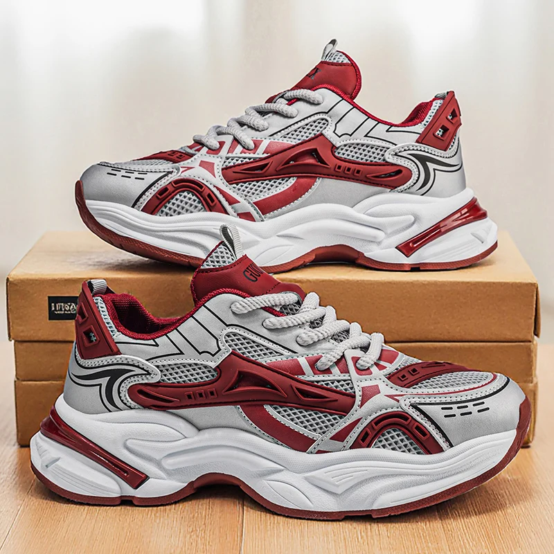 Men's Trendy Color-Block Dad Shoes, Mesh Breathable Upper, 3D Mecha-Style Splicing Design, Thick Sole for Height Increase and Cushioning, Thick Shoelaces, Multiple Color Options, Versatile for Street Casual Wear, Suitable for Running, Commuting, Daily Outings, and Sports