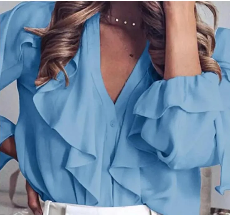 2021 The New Women Ladies Chiffon Ruffle Bell Sleeve Loose Shirt Top Summer Blouse Tops