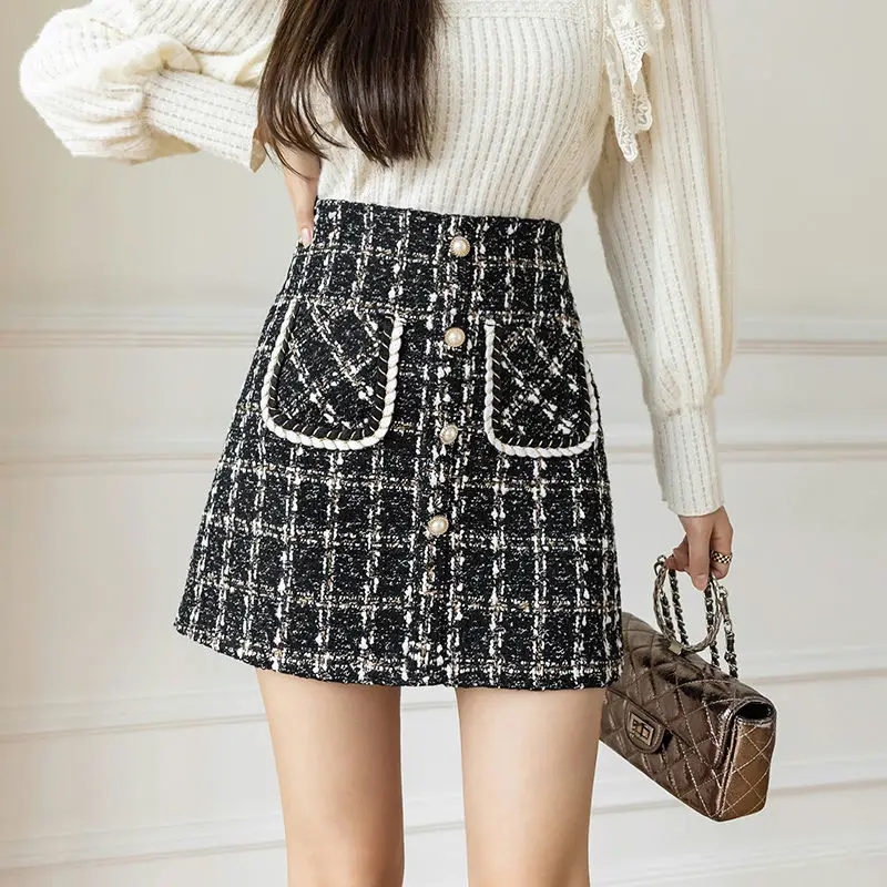 Temperament Autumn Winter New Tweed Skirts Women Plaid High Waist Zipper Button Pockets Sequined Fashion A-line Bag Hip Skirt