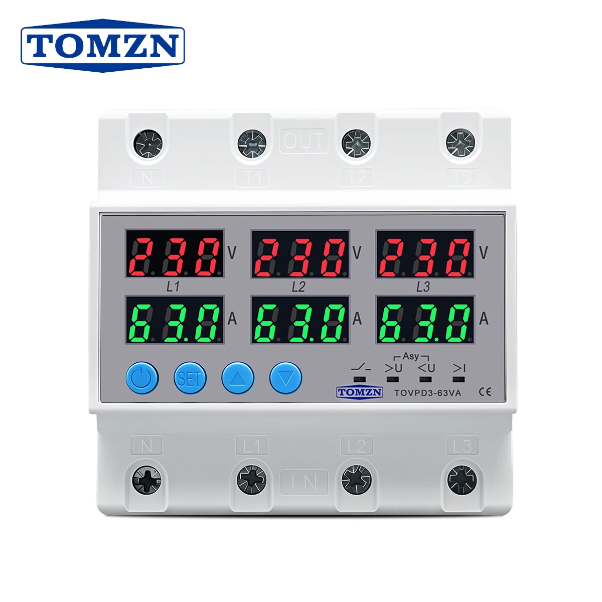 TOMZN 3 Phase 4 Wire Voltage Current Protection Relay Adjustable Over Under Ammeter Monitor 3P+N Din Rail Protector